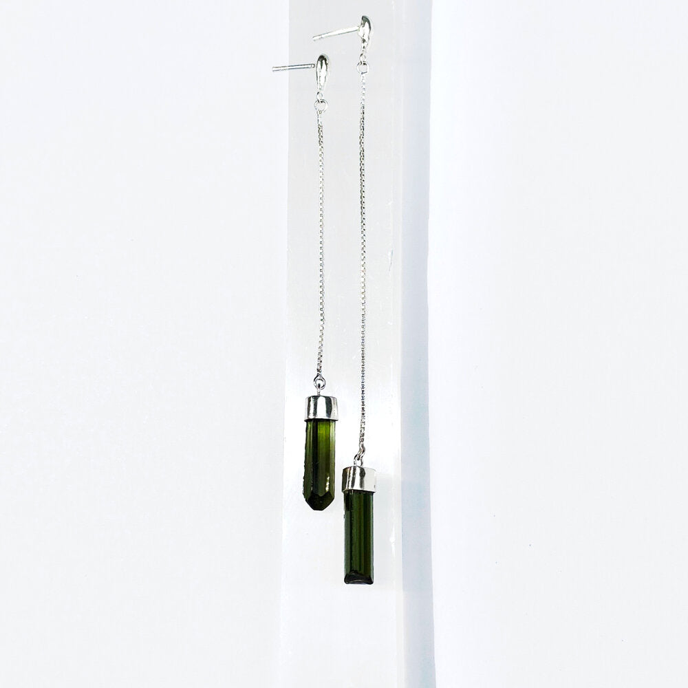 Sterling Silver chain earrings with Black Tourmaline crystal.
